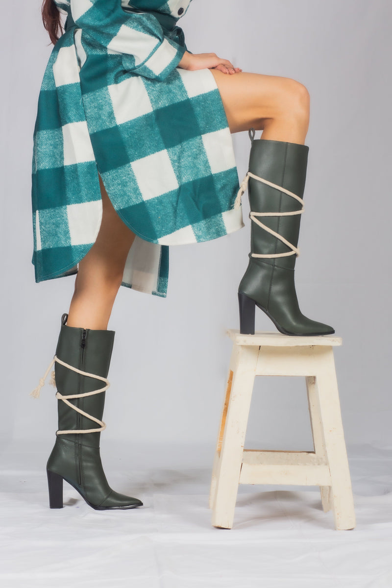 Rope-Tied Elegance Boots- Green (40% OFF)