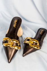 Gold Chain lock Mules- Black