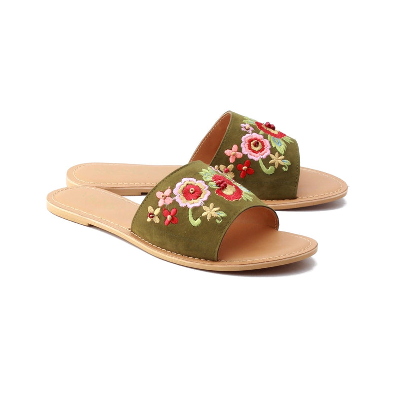 Women Embroidered Floral Suede Slider Flats