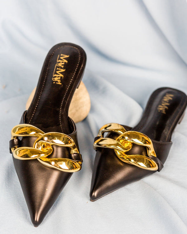 Gold Chain lock Mules- Black