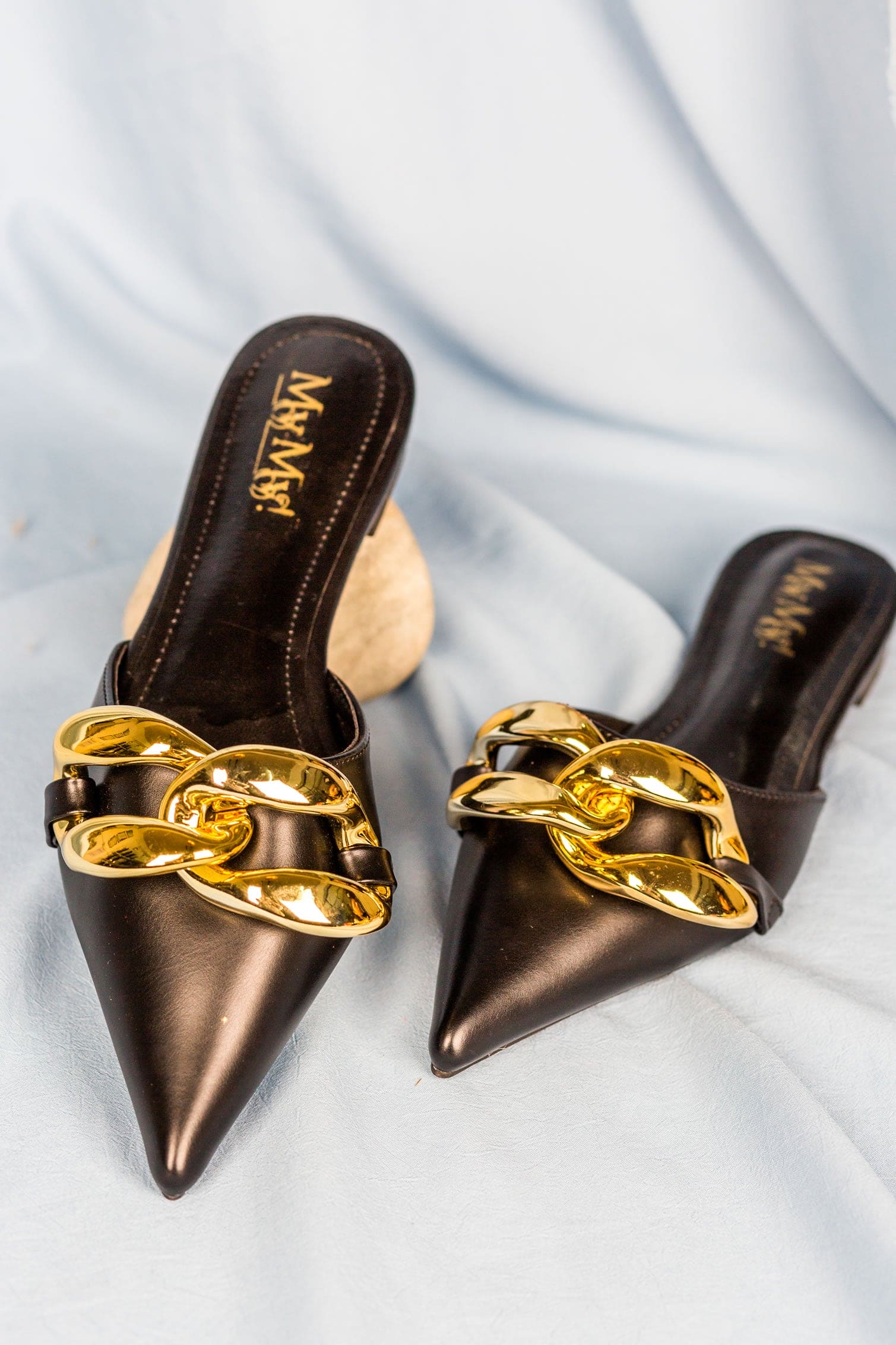 Gold Chain lock Mules- Black