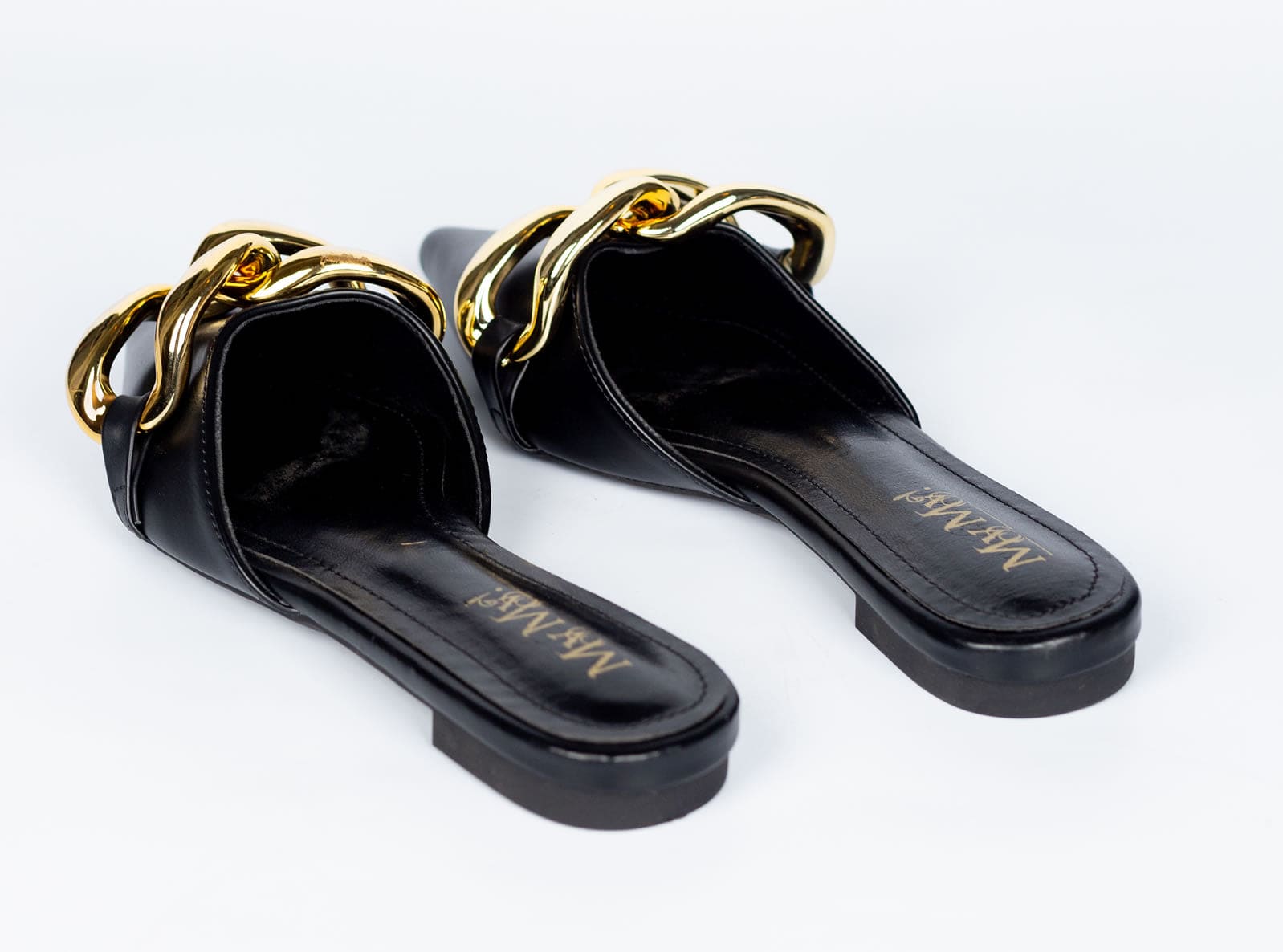 Gold Chain lock Mules- Black