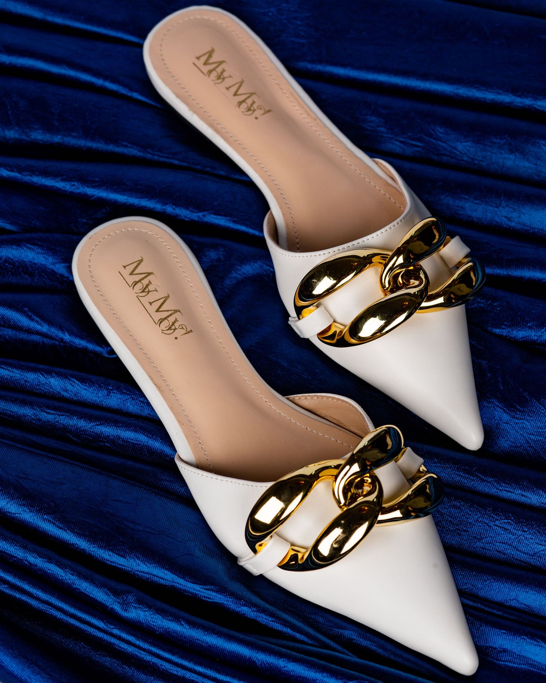 Gold Chain lock Mules- Ivory