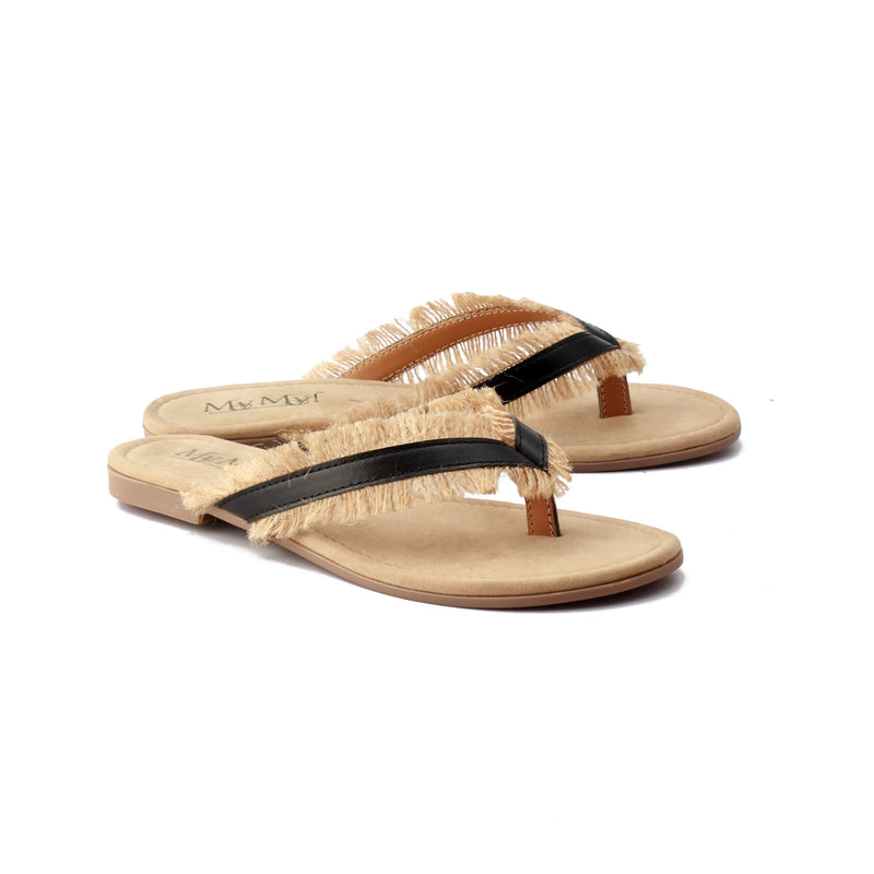 Jute Embellished Black Leather Flats
